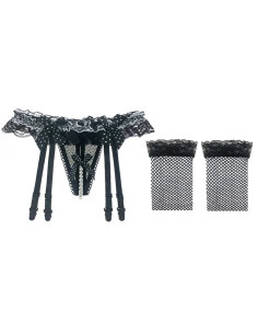 Ensemble string porte-jarretelles - Plumetis + Bas résilles