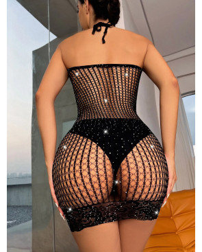 Mini robe es414 - resille grosse maille paillete et bordure en dentelle